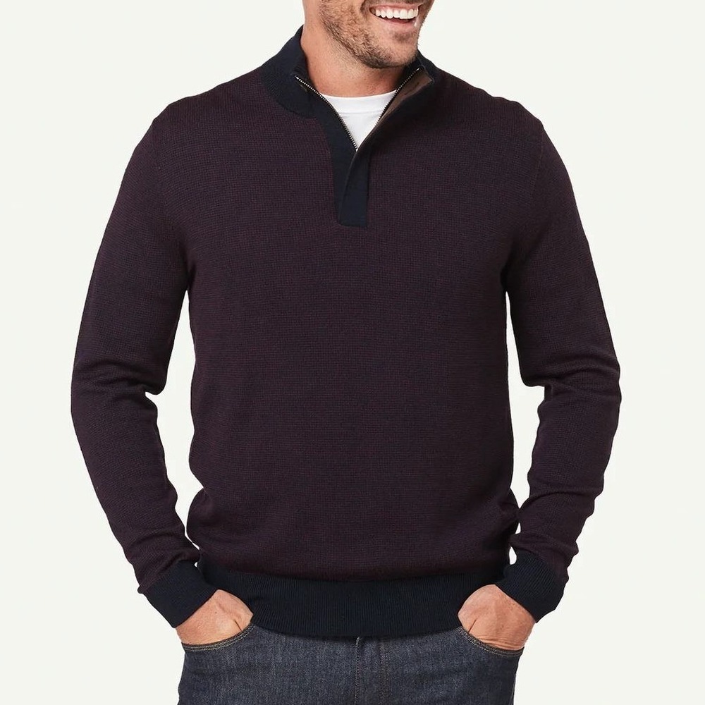 Toscano Men's L Red Blue Quarter Zip Pullover Sweater 100% Merino Wool Knit